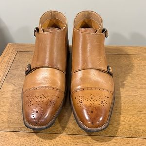 LaMilano Cognac Burnished Leather Double Monk Strap Cap Toe Boots